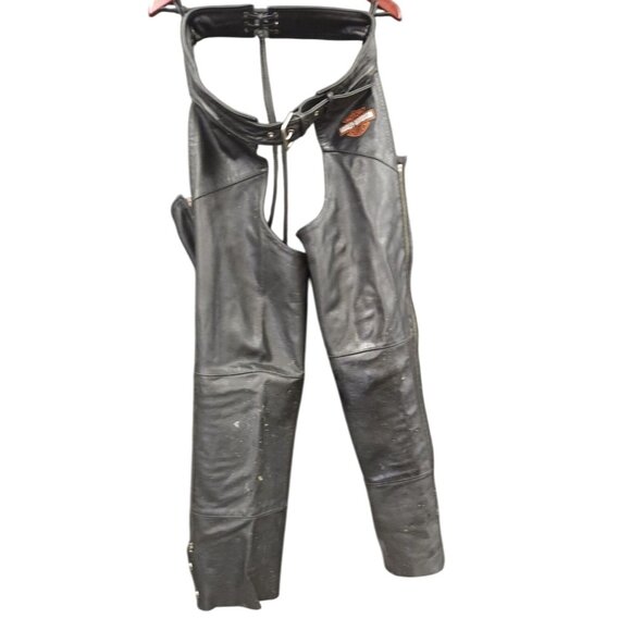 Harley-Davidson Leather Motorcycle Riding Chaps Black Men’s Medium Genuine Leath - Picture 2 of 16